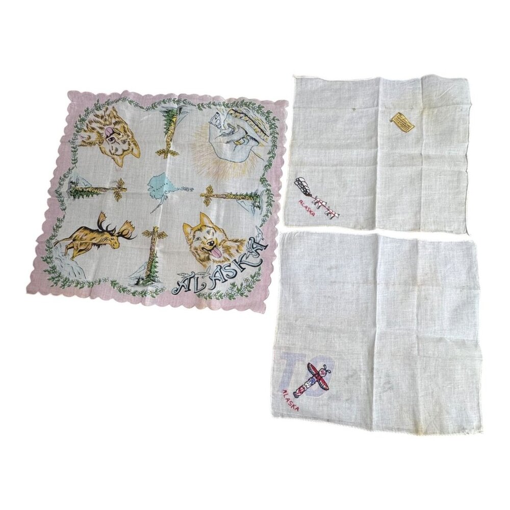 Lot 3 Vintage Alaska Souvenir Handkerchief Moose Totem Mushing Sled Dogs Hanky